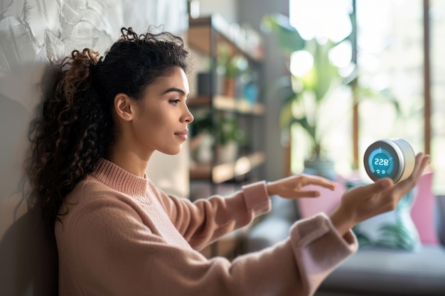 Foto een arabische vrouw controleert de huistemperatuur met behulp van een elektronische thermostaat die op de muur is gemonteerd in