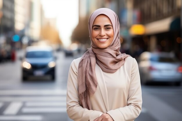 een arabische vrouw glimlacht naar de camera