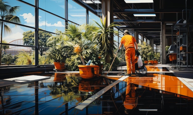 Foto een arbeider die de zonnepanelen schoonmaakt dit buitengewone schilderij vangt de essentie van een mysterieus individu gekleed in een oranje pak koffer in de hand
