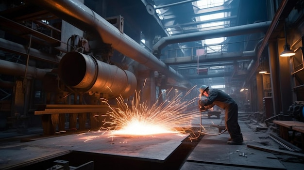 Een arbeider last een pijp in een fabriek