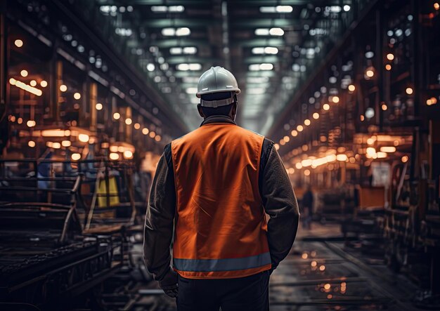 Een arbeider met een harde hoed en een reflecterend vest staat zelfverzekerd midden in een drukke fabriek