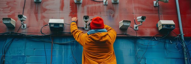 Een arbeider monteert beveiligingscamera's op muren Generative Ai