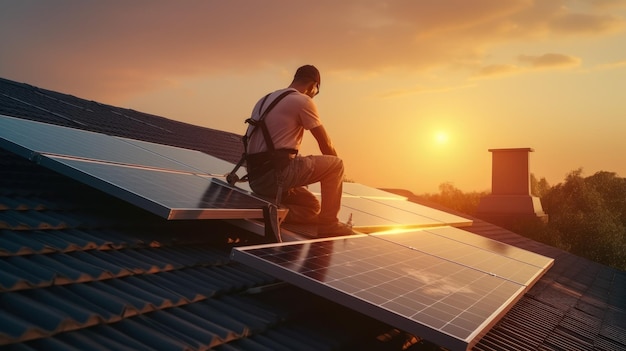 een arbeider monteert een zonnebatterij op het dak van een flatgebouw bij zonsondergang Alternatieve energiebronnen