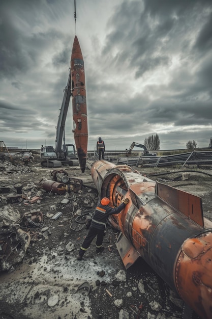 Foto een arbeiders die ontmantelde raketten ontmantelen in een stortplaats onder een sombere lucht tijdens de