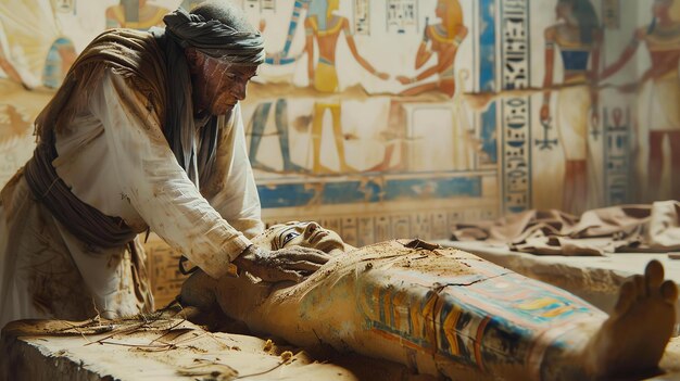 Foto een archeoloog wikkelt zorgvuldig een mummie uit in een oud-egyptisch graf. de mummie is omringd door hiërogliefen en andere artefacten.