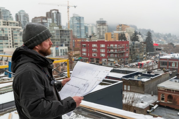 Een architect onderzoekt bouwplannen op een dak terwijl hij toezicht houdt op een buitenbouwproject