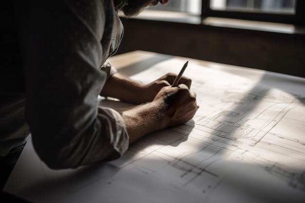 Een architect tekent een project van een gebouw op papier