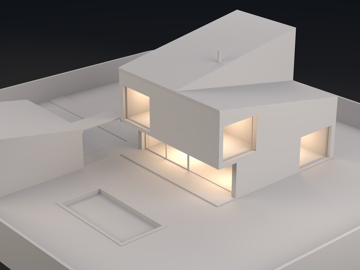 Een architectonisch model met binnenverlichting in witte kleuren en zwarte achtergrond