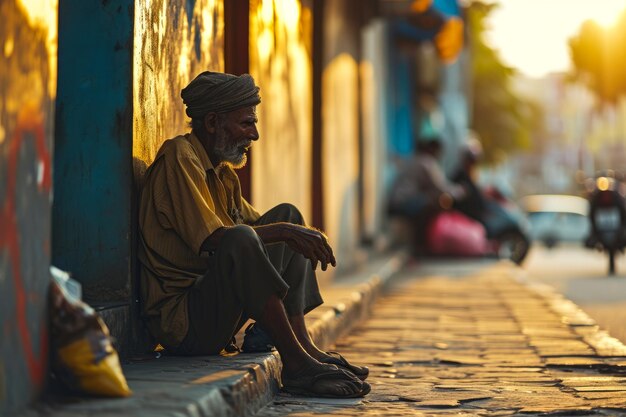 Een arme man zit op de stoep naast een gebouw in een stedelijke omgeving