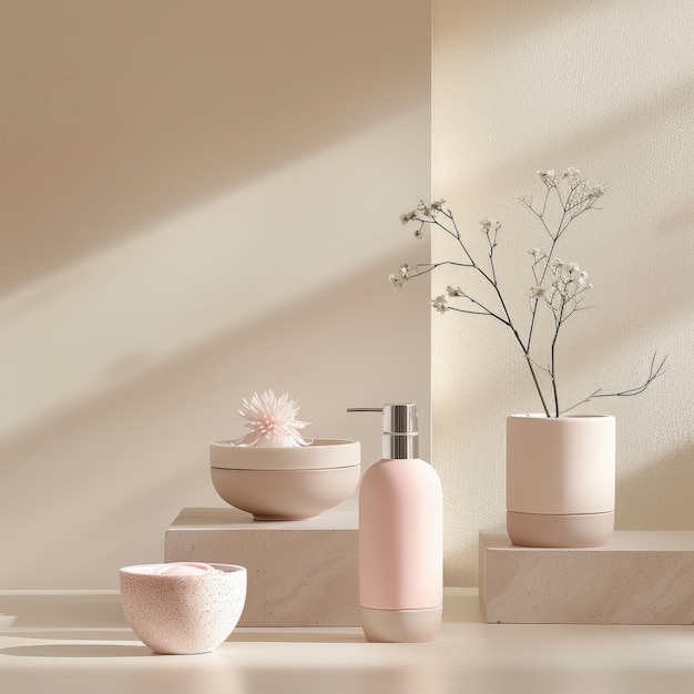 Een arrangement van roze en beige badkamer accessoires tegen een beige achtergrond