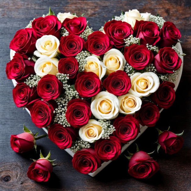 Een arrangement van rozen in de vorm van een hart