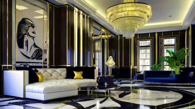 een Art Deco Penthouse interieur met een grote kroonluchter en een gouden kroonluister