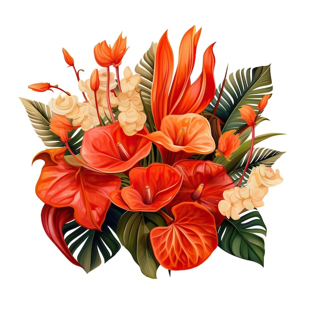 Een artistiek boeket met levendige oranje tulpen, vurig rode anthuriums en tropische palmbladeren