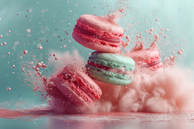 Een artistieke compositie van macarons met een dynamische explosie van suikerpoeder