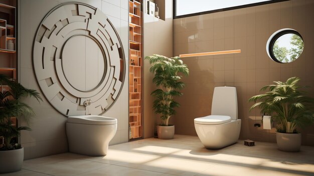 Een artistieke interpretatie van een badkamerhoek met een open toiletstoel en gestileerde schaduwwerende cirkelvormige tegels op de muren die een stedelijke chique sfeer creëren