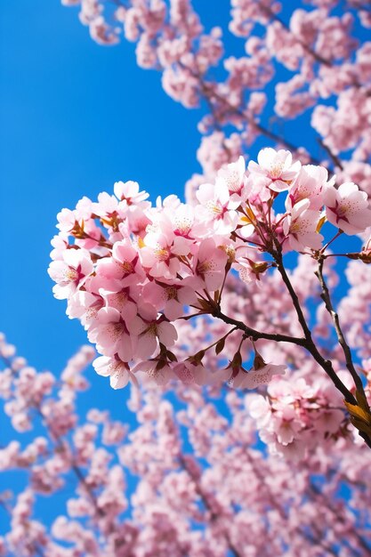 Een artistieke opname van kersenbloesems vanuit een lage hoek met een heldere blauwe hemel als achtergrond