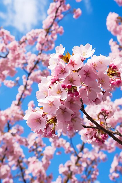 Een artistieke opname van kersenbloesems vanuit een lage hoek met een heldere blauwe hemel als achtergrond