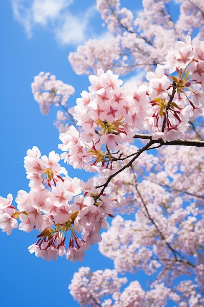 Een artistieke opname van kersenbloesems vanuit een lage hoek met een heldere blauwe hemel als achtergrond