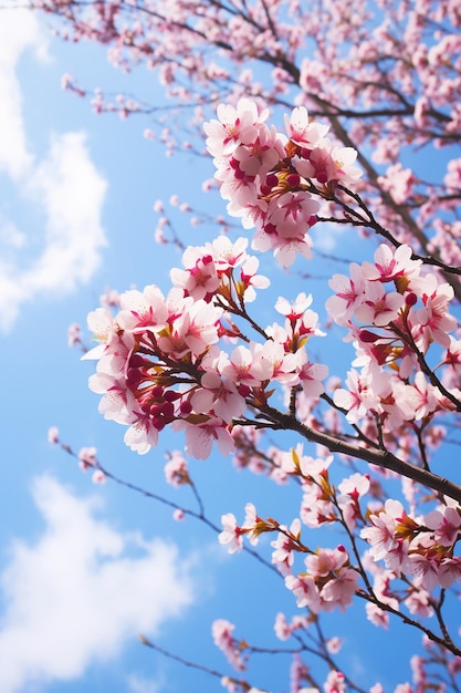 Een artistieke opname van kersenbloesems vanuit een lage hoek met een heldere blauwe hemel als achtergrond