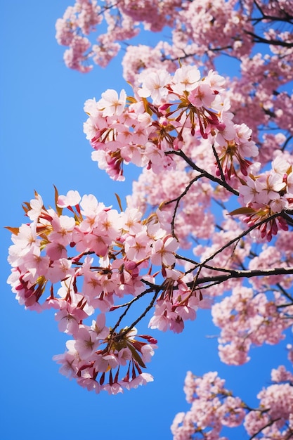 Een artistieke opname van kersenbloesems vanuit een lage hoek met een heldere blauwe hemel als achtergrond