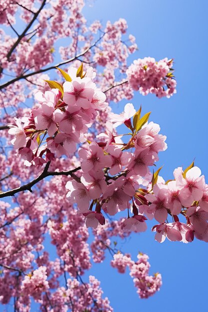 Een artistieke opname van kersenbloesems vanuit een lage hoek met een heldere blauwe hemel als achtergrond