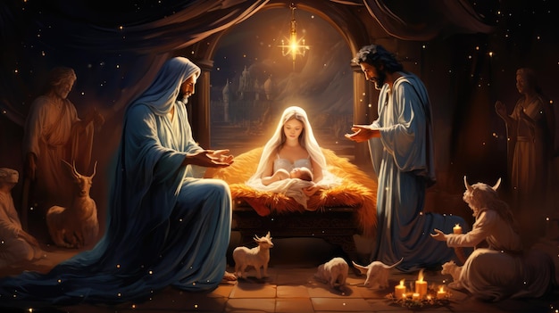 een artistieke weergave van de kerststal met het kindje Jezus Maria Jozef