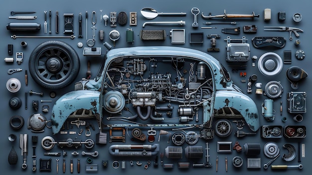 Een artistieke weergave van een blauwe vintage auto De auto wordt getoond zonder zijn carrosserie die zijn ingewikkelde motor en mechanische componenten onthult