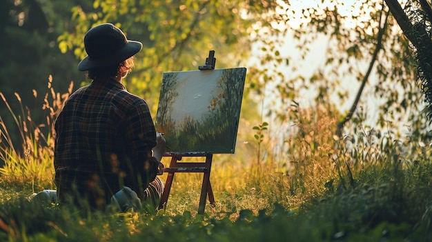 Foto een artistieke weergave van een persoon die op een doek schildert in een serene tuin die de therapeut vasthoudt