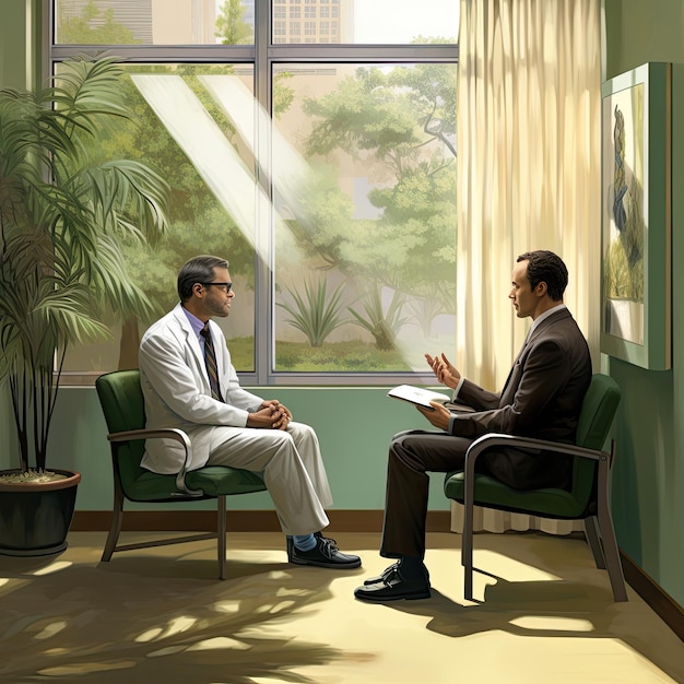 Een arts die aandachtig luistert naar de zorgen van een patiënt in een rustige kantooromgeving