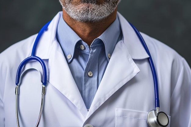 Foto een arts die een stethoscoop vasthoudt, staat tegen de achtergrond van het patiëntenziekenhuis