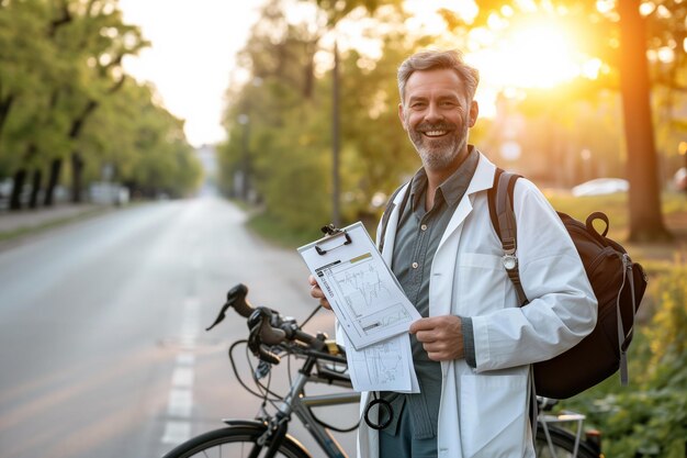 Een arts fietser glimlacht gelukkig met een herstelkaart in de hand