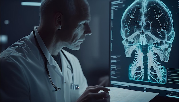 Een arts gebruikt in de toekomst geavanceerde holografische scans van de hersencelziekte van een patiënt en diagnostische scan AI Generative