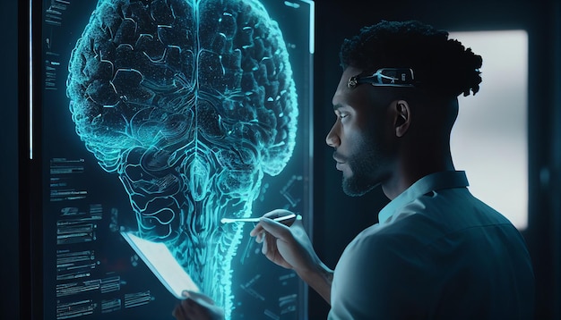 Een arts gebruikt in de toekomst geavanceerde holografische scans van de hersencelziekte van een patiënt en diagnostische scan AI Generativex9