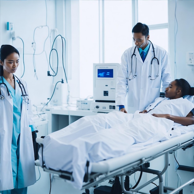 Een arts in een witte laboratoriumjas staat in een steriele ziekenhuiskamer