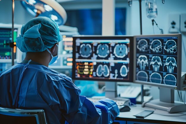 Foto een arts kijkt naar een hersenscan op een computerdisplay