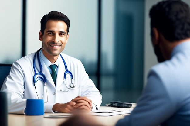 Een arts met een stethoscoop om zijn nek praat met een man in een ziekenhuis.
