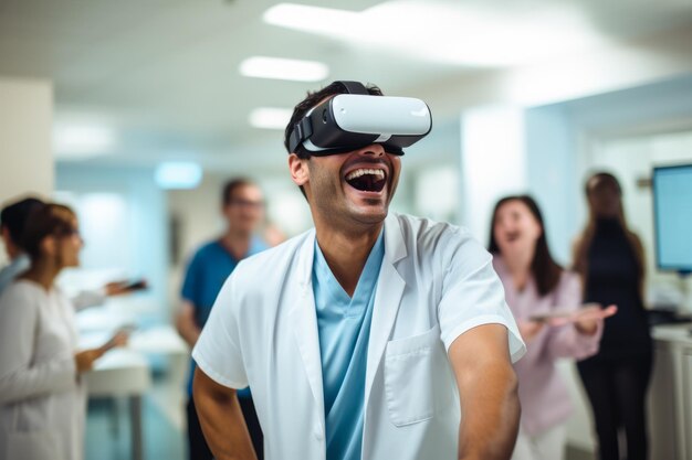 Een arts of verpleegster in de gezondheidszorg die een VR-headset draagt in een ziekenhuis