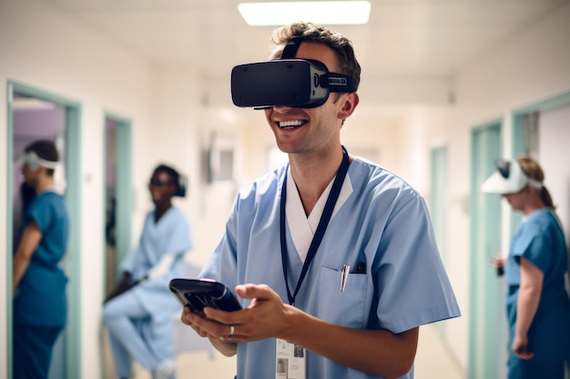 Foto een arts of verpleegster in de gezondheidszorg die een vr-headset draagt in een ziekenhuis