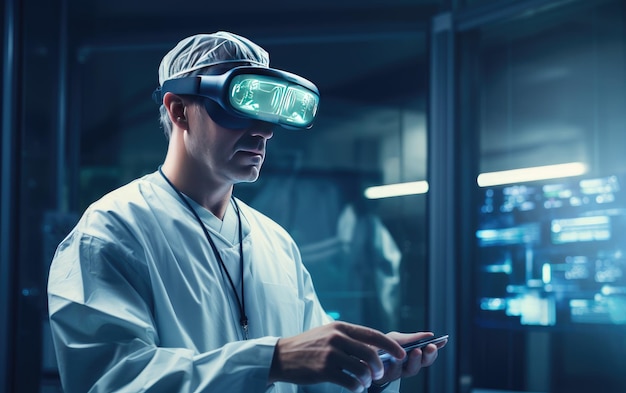 Een arts onderzoekt geneeskunde in virtuele realiteit voor een controle