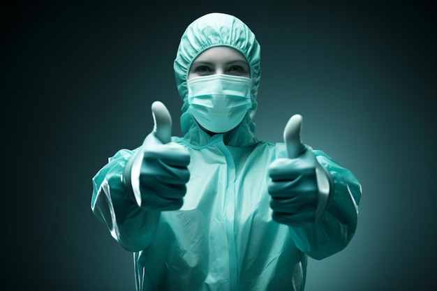 Een arts-verpleegster die beschermende pakken en maskers draagt, steekt een duim omhoog