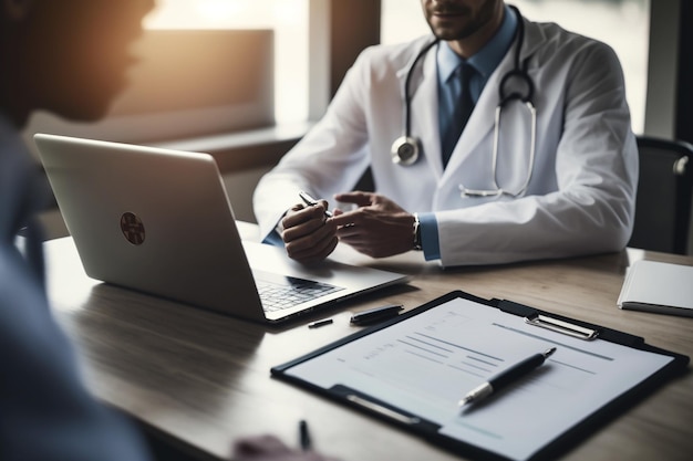 Een arts zit aan een bureau met een laptop en een document waarop staat "medisch rapport".