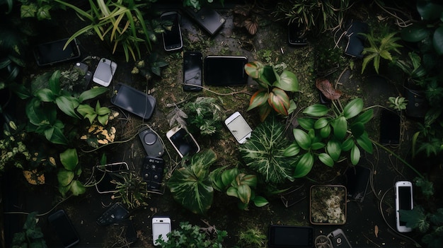 Een assortiment bloeiende planten vermengd met een reeks elegante mobiele telefoons