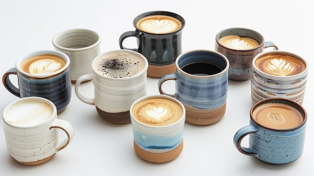 Foto een assortiment handgemaakte keramische bekers en bekers met elk een ander soort ambachtelijke koffie