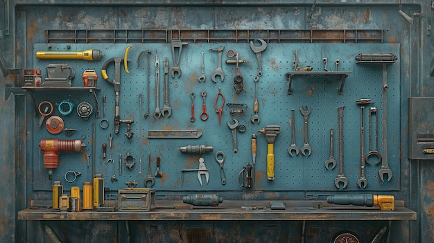 Een assortiment handgereedschap voor monteurs getoond op een gereedschapsbord