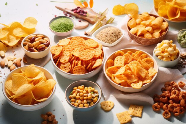 Foto een assortiment knapperige voorgerechten in schalen op een tafel aardappel en tortilla chips crackers popcorn top view generatieve ai illustratie