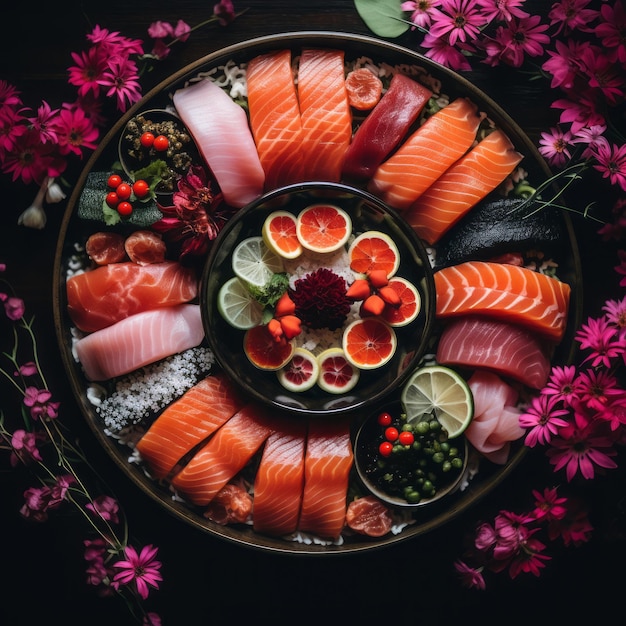 een assortiment sashimi op een houten schotel