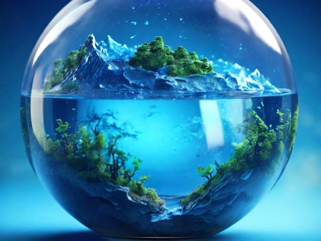 Een assortiment van een glazen bol met een blauwe achtergrond, groen gras, ijs en water voor de Wereldwaterdag