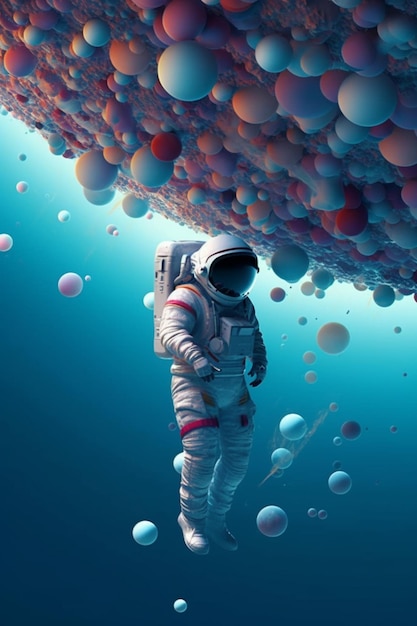 Een astronaut bevindt zich onder water en de woorden "het woord" staan op de bodem.