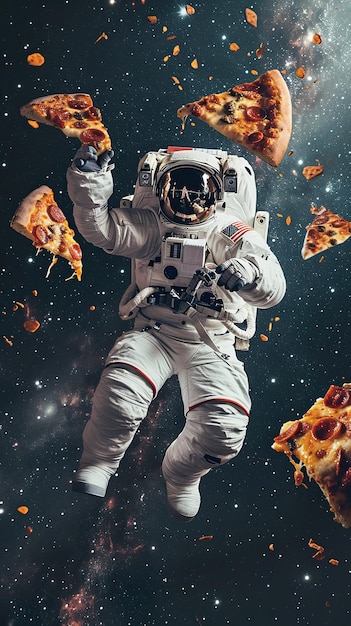 Foto een astronaut die een stukje heerlijke pizza vasthoudt in een open ruimte sterrenstelsel.