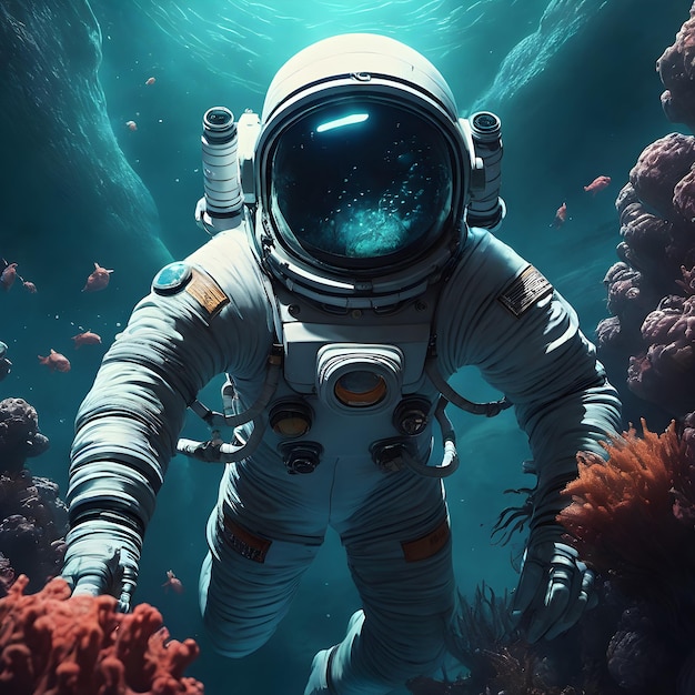 een astronaut die in de oceaan drijft met haaien ai generatief